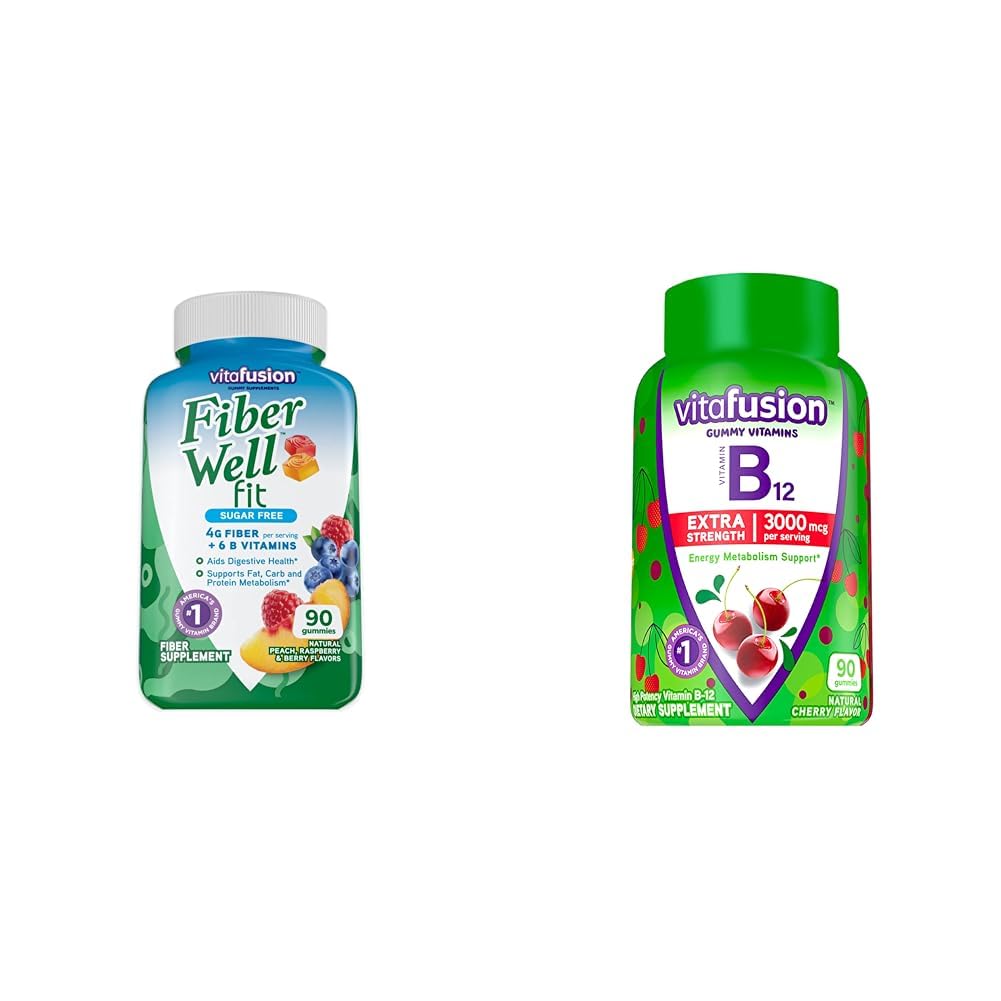 Vitafusion Fiber Well Fit Gummies Supplement, 90 Tellen (Verpakking mei Vary) & Extra sterkte Vitamine B12 Gummy Vitaminen voor Energie Metabolisme Ondersteuning