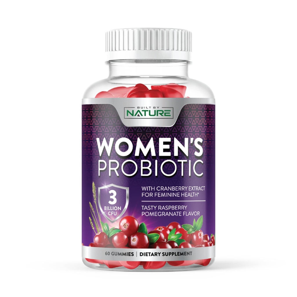Construit par la nature Probiotiques pour les femmes Gommies 3 milliards CFU, 6 souches probiotiques avec supplément de canneberge, digestif, immunitaire, vaginal et urinaire santé, plateau stable, 60 gummy