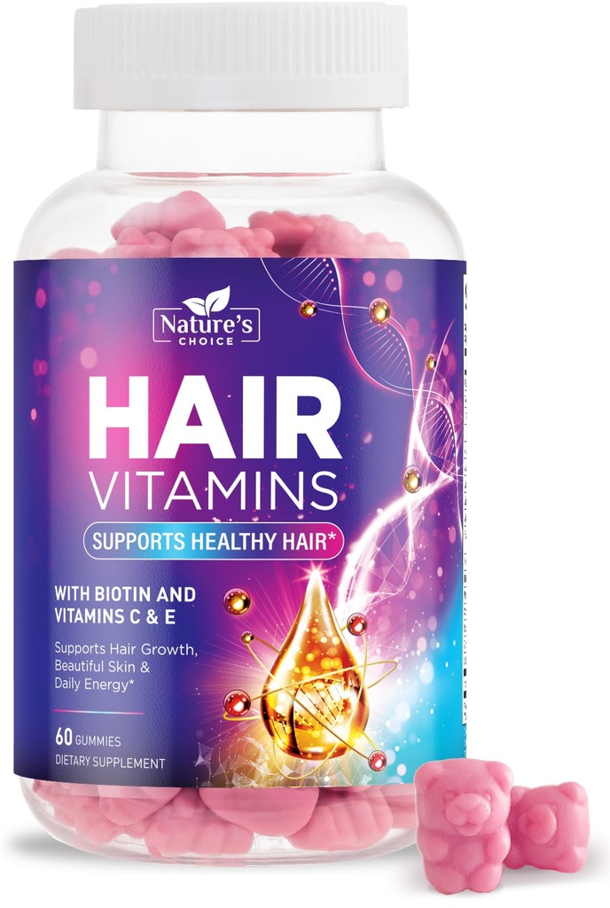 Hair Vitamine Gummies met 5000 mcg Biotine, Hair Growth Support Gummy, Premium Vegetarian Non-GMO met vitamines E & C voor sterkere, mooie haren, huid en nagels, Biotin Gummies supplement - 60 Gummies