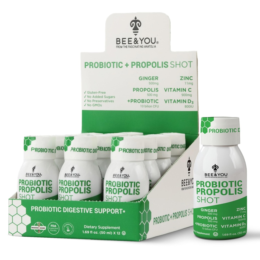 Bee and You Propolis Immune Shot, Probiotic, Vitamine C, Vitamine D3, Zink, Gember, Immune Support, Gut Health, Digestive Health, Bioactive 1.69 Fl. oz, 12 Pack
