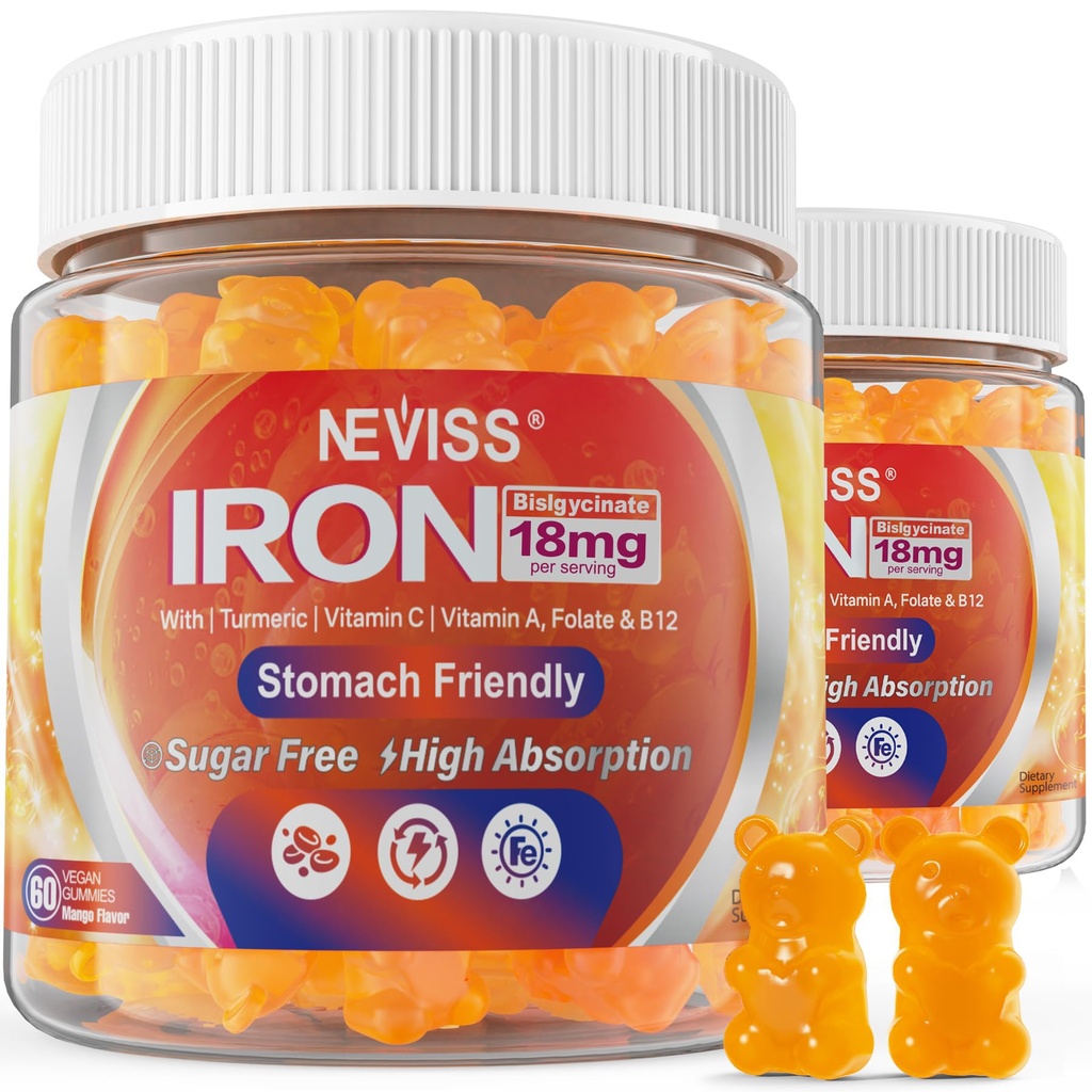 Vegan Iron Gummies Supplement with Vitamin C, B12, Folate & Turmeric - Energy & Immune Health 