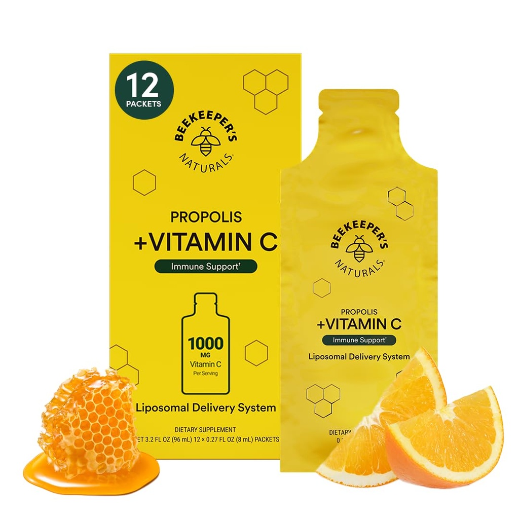 Propolis Liposomique Vitamine C par Beekeeper's Naturals, 1000mg Vitamine C, Propolis et miel biologique, Supercharged Immune Support et Bioavailibity Augmentation pour Max Absorption, 12 Ct