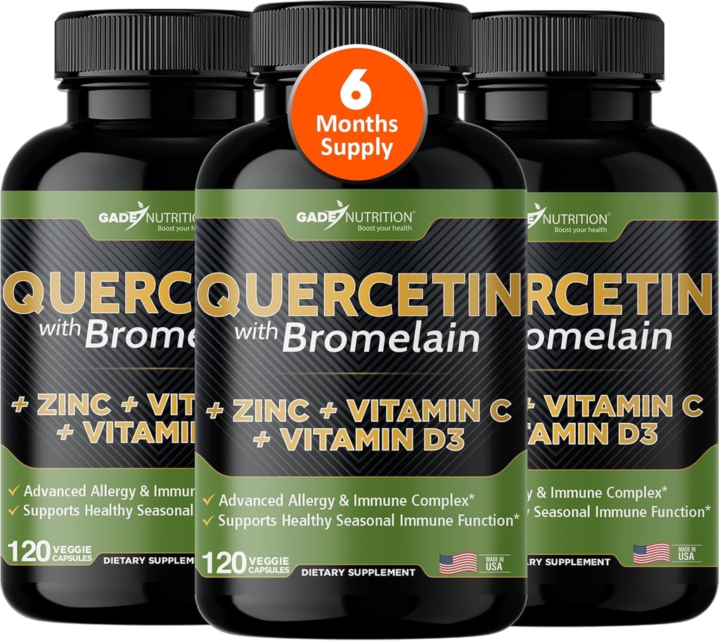 Gade Nutrition Quercetine met vitamine C en zink - quercetine 500mg - quercetine met bromelaïne - quercetine supplementen + vitamine D3 (Non-GMO, Glutenvrij, Veganistisch) - 6 maand supply