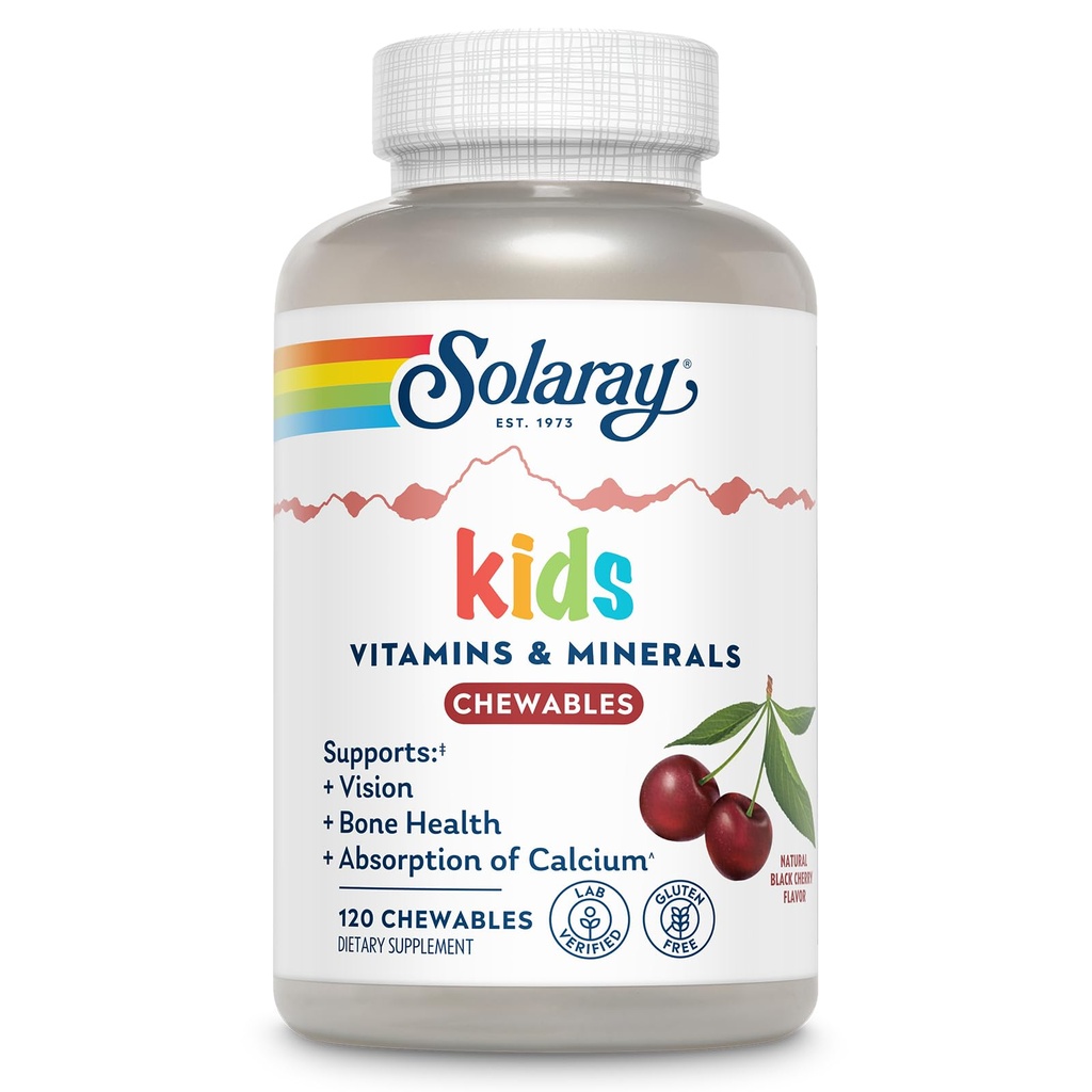 SOLARAY Kindervitaminen & mineralen Complete Multivitamine voor kinderen Grote zwarte kersensmaak (076280047974) (120 Kauwgom, 60 Serv)