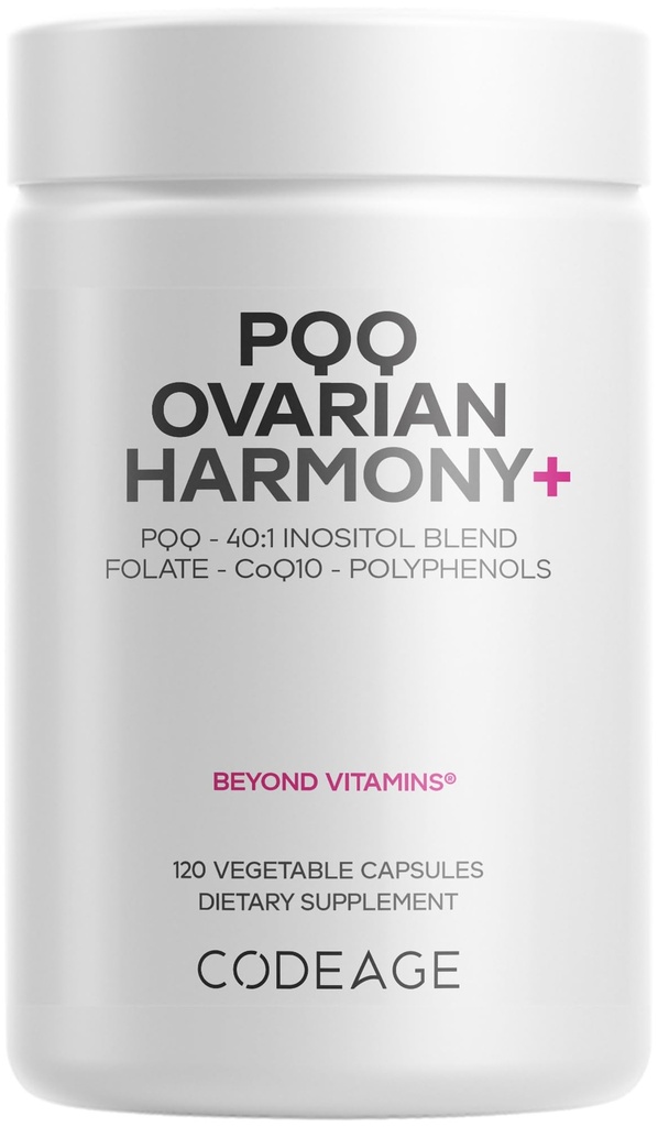 Codeage PQQ Ovarian Harmony+ Supplement - PQQ (Pyrroloquinoline Quinone), Myo-Inositol & D-Chiro-Inositol 40:1 Blend, Folate 5-MTHF, CoQ10, Wild Blueberry - Liposomale Levering - Non-GMO - 120 Capsules