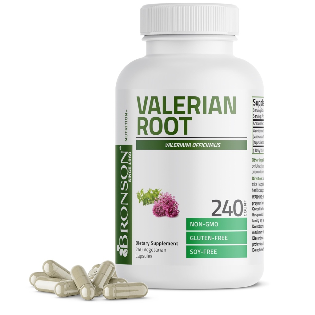 Bronson Valerian Root Capsules - Valerian Officinalis - Encourage la relaxation - Non-OGM, sans gluten sans soja, 240 capsules végétariennes