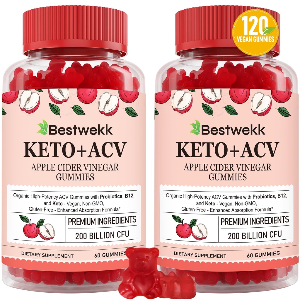 Apple Cider Vinegar Gummies, Max Strength 2000mg ACV Gummy met Probiotica, B12 en Keto Support, Voor spijsvertering, Metabolisme, Detox, Gut & Immune Health, Gelatine-Free, Non-GMO, 120 keto acc gummies