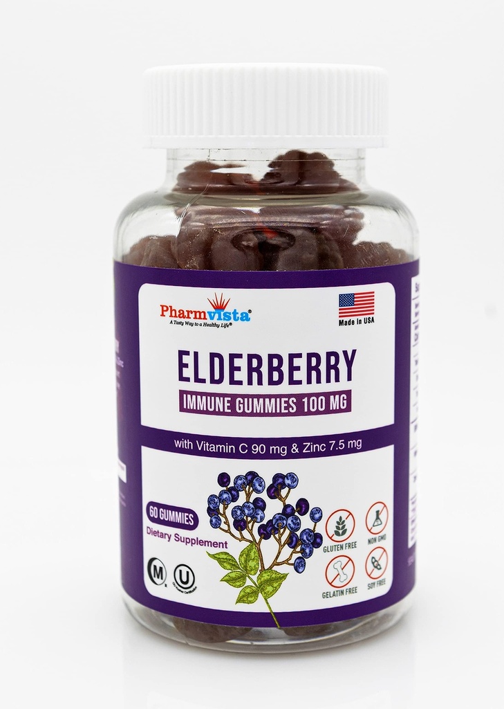 Vlierbessen Gummies 100mg met vitamine C en zink - Immune Support, Glutenvrije Gummies met 7% Anthoycyanine - 60 Tel.