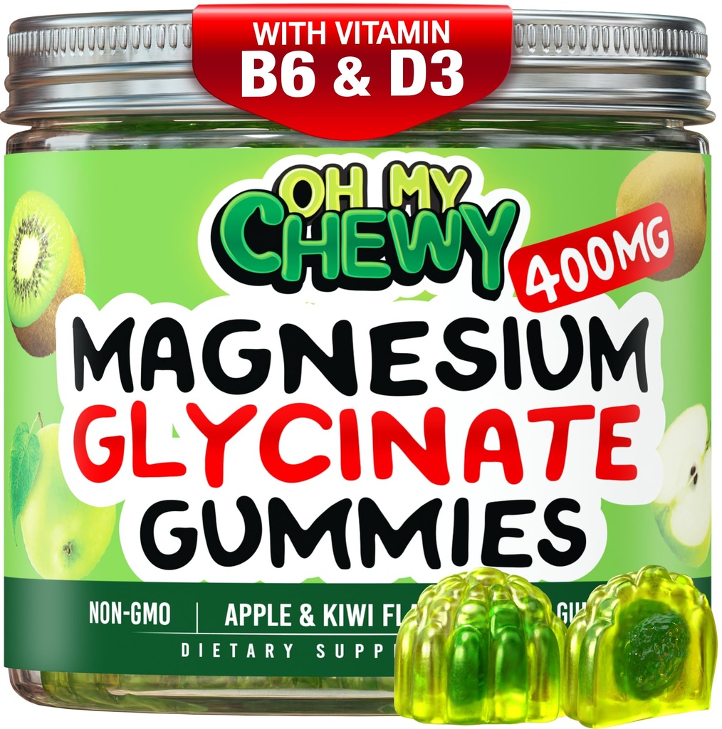 Gommies glycinées de magnésium au centre 400MG - Absorption élevée pour les enfants, les adolescents et les adultes - Supplément pour le sommeil, le calme et la relaxation musculaire avec B6 & D3 - Sans gluten et respectueux des végétaux - 120 Compte