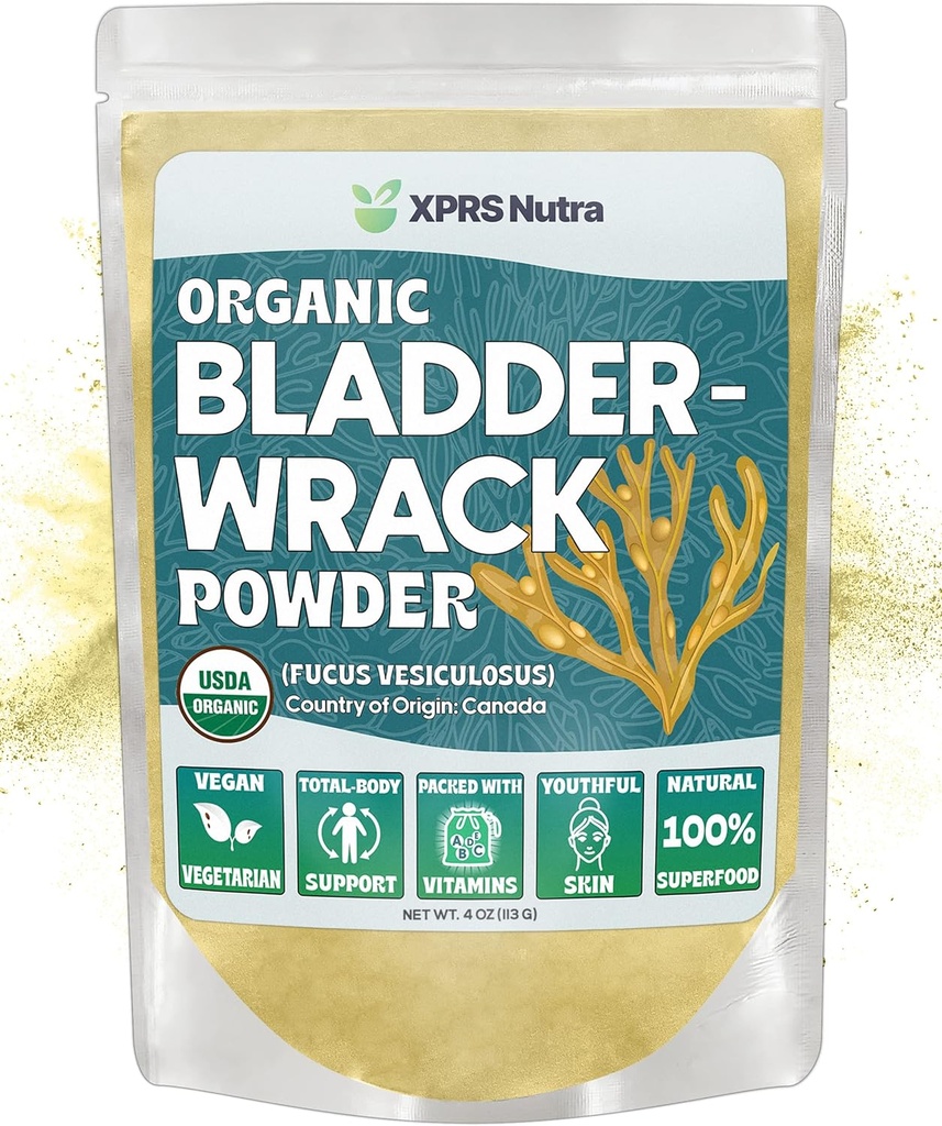XPRS Nutra Organic Bladderwrack Powder (Fucus Vesiculosus) - Premium Bladderwrack Organic Powder for Glowing Skin - Vegan Friendly Bladderwrack Herb Jodium Supplement (4 Ounce)
