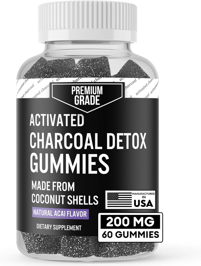 Premium graad geactiveerde Charcoal Gummies - Coconut Charcoal Supplements for Detox Support, Oral Health, Maag & Digestie - Veilig voor kinderen - Geen Bloat Vegan Gummy - Natural Acai Flavor (60 Tel.)