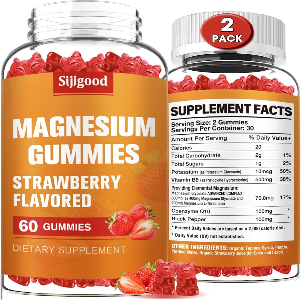 2 Pack Glycinat Magnésium haute absorption Gommies, Gommies Magnésium pour femmes, hommes et enfants, favorise la relaxation saine, zzZ, Muscle, os et énergie