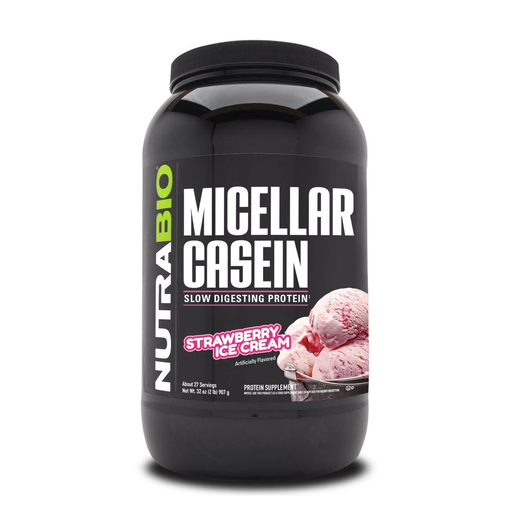 NutraBio Caseïne Proteïne Poeder, Micellar Casien Powder, 25g Slow Digesting Proteïne, helpt om u volledig te houden, Overnight Muscle Recovery & Growth, BCAA & EAA, Glutenvrij, Sojavrij, 2lb Strawberry Ice Cream