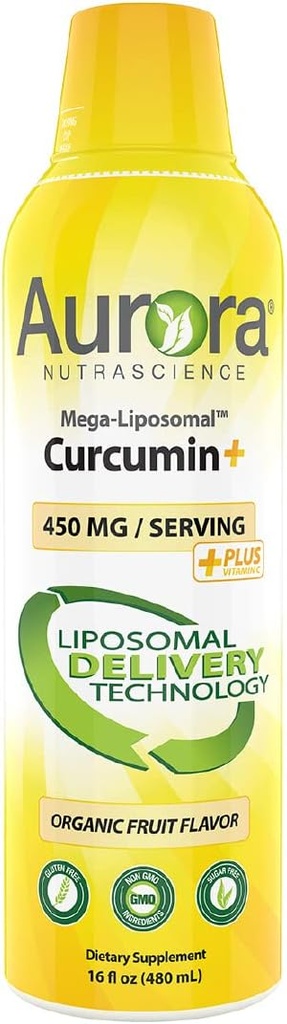 Aurora Nutrascience Mega-Liposomale Curcumin+ Vitamine C met CurcuVail, Ondersteunt gezonde gewrichten, spieren, GI Tract, en hersenen functie, Organische, Niet-GMO, 32 Servingen, 16 fl oz