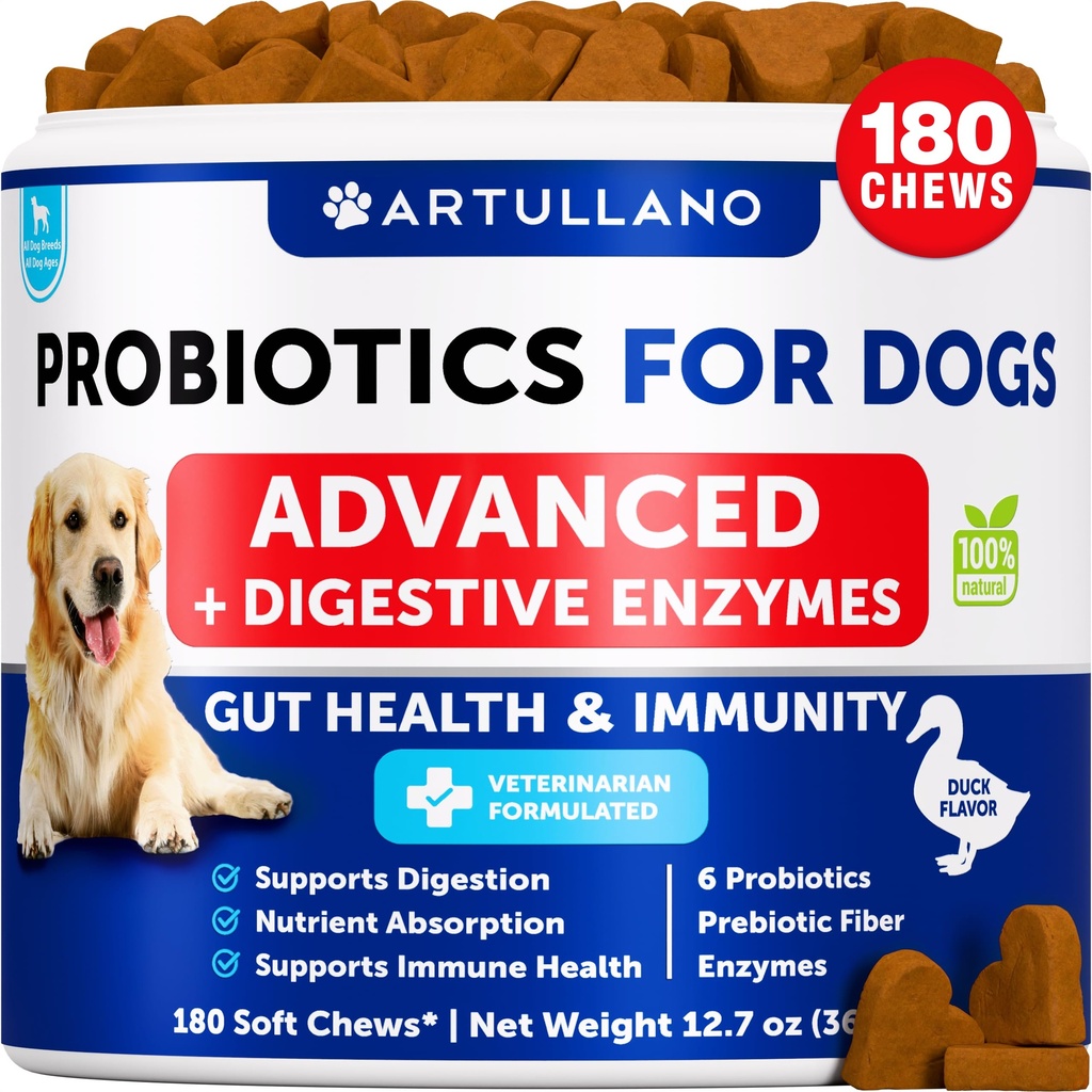 Probiotica voor honden - Ondersteuning Gut Health, Itchy Skin, Allergieën, Immuniteit, Gistbalans - Hondenprobiotica en spijsverteringsenzymen met Prebiotica - Reduce Diarree, Gas - 180 Probiotische Kauwen voor honden