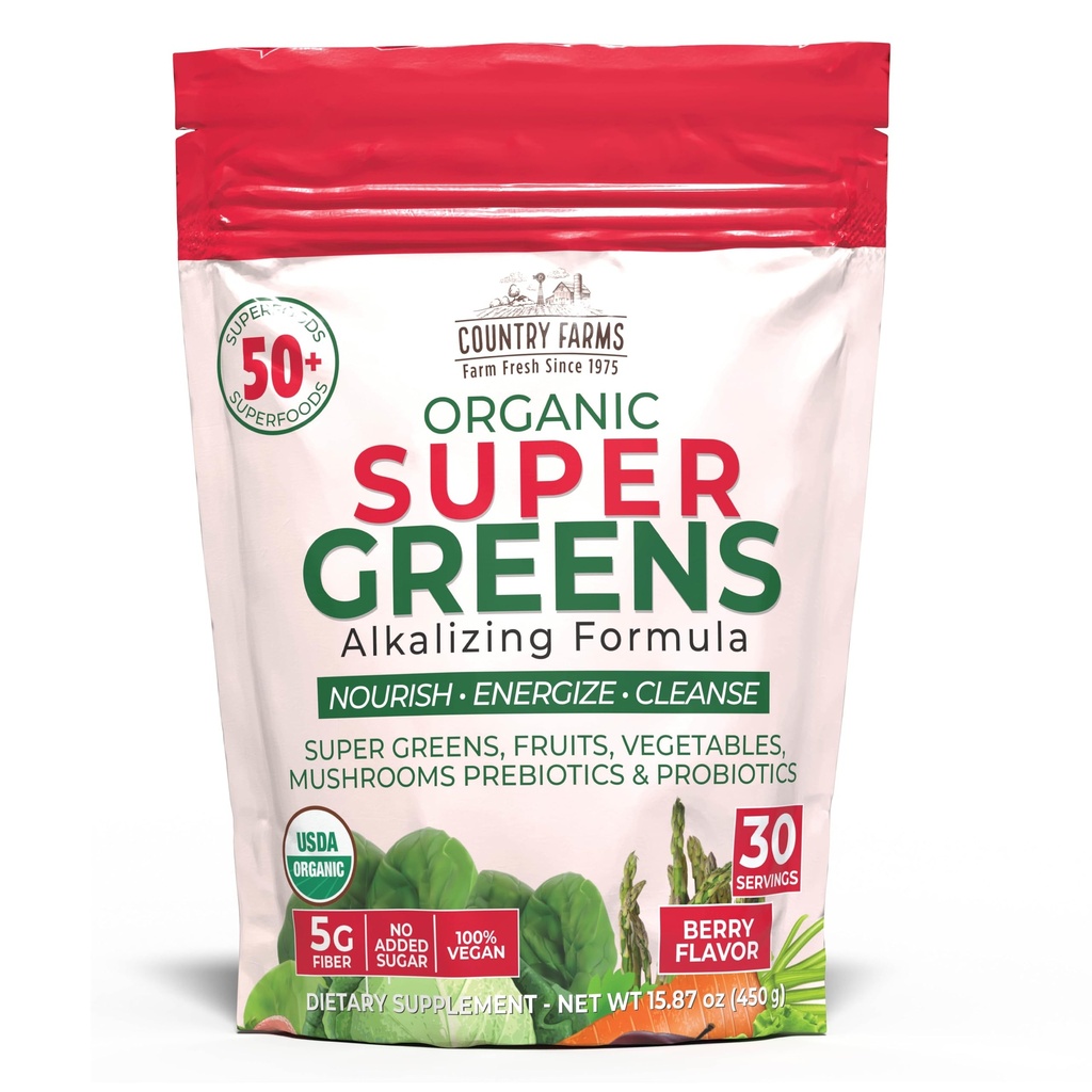 Country Farms Super Greens Berry smaak, 50 Biologische Super Foods, USDA Biologische Drink Mix (Wheat Grass, Spirulina, Chlorella) Paddenstoelen & Probiotica, met vezels, Gut Health, Natuurlijke Energie, 30 Servers