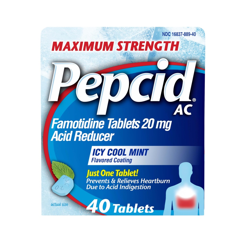Pepcid AC Maximale sterkte Heartburn Relief Tablets, OTC Medicine Voorkomt & Relients Heartburn Vanwege zuur indigestie & Sour Mtomach, 20mg Famotidine Acid Reducer, ICY Cool Mint, 40 st.