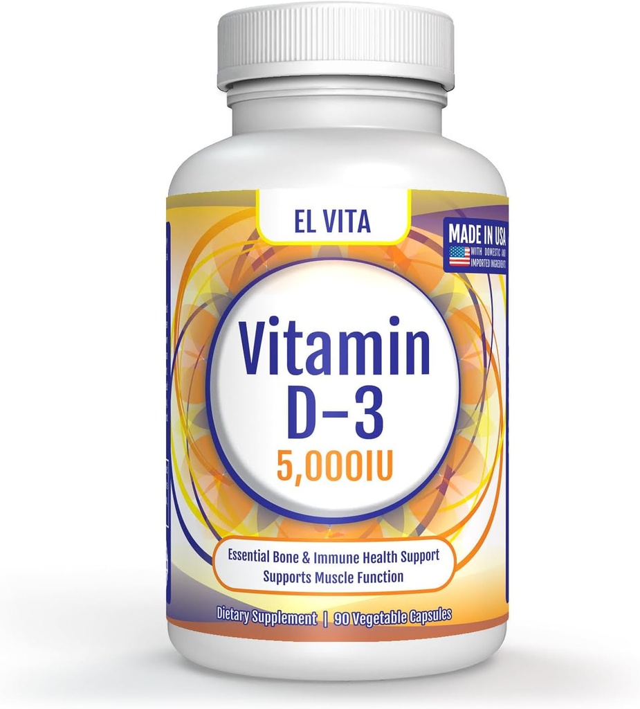 90 plantaardige capsules Vitamine D. D3 5000IE (125 MCG) Hoge potentie Immune Ondersteuning Dieetsupplement. Gezonde Spier Herstel Geavanceerd. Niet-GMO-formule