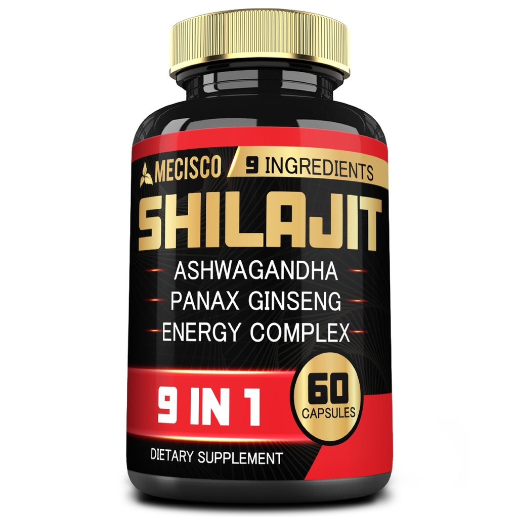 Silajit Supplement met Ashwagandha Root, Panax Ginseng, L-Arginine, Chaga & More - Shilajit Pure Himalaya Organic - Immune System, Energy Production, Uithoudingsvermogen & Comfortable Mood - 60 Capsules