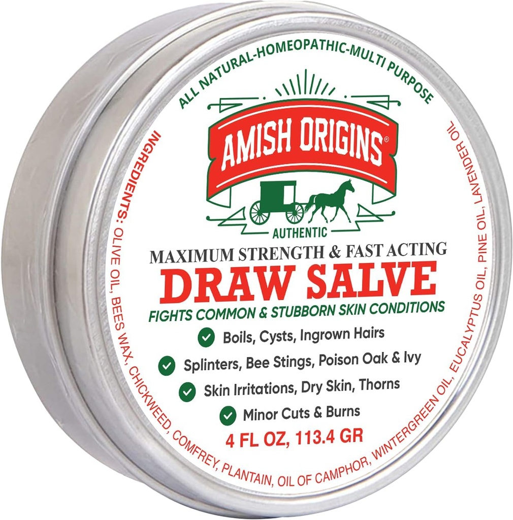 Amish Origins Drawing Salve Zalf, 4 oz Maximale sterkte Snelle Acterende Draw Salve voor Splinters, Kook, Bijensteken, Cyst, Anti Itch Cream, Made in USA