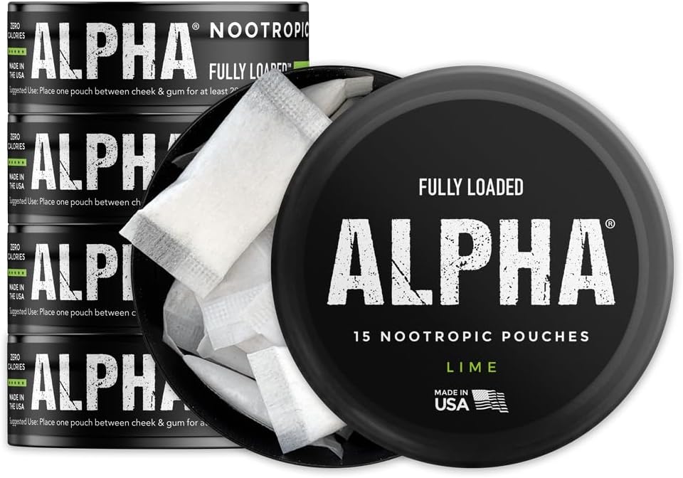 Volledig geladen Alpha Nootropic Pouches (Lime) - 5 blikken - 15 zakjes per blik - Effectieve Nootropic Delivery, Nic Pouch Replacement - Snellere Absorptie, Alpha GPC, L-Tyrosine, GABA