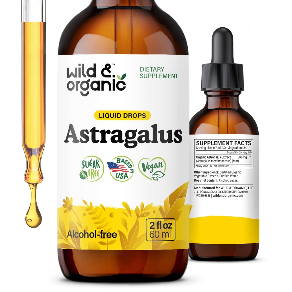 Teinture d'Astragalus sauvage et biologique - gouttes de soutien immunitaire avec extrait de racine d'Astragalus - supplément à base de plantes pour calme et relaxation - végétalien, sans sucre et sans alcool - 2 fl oz