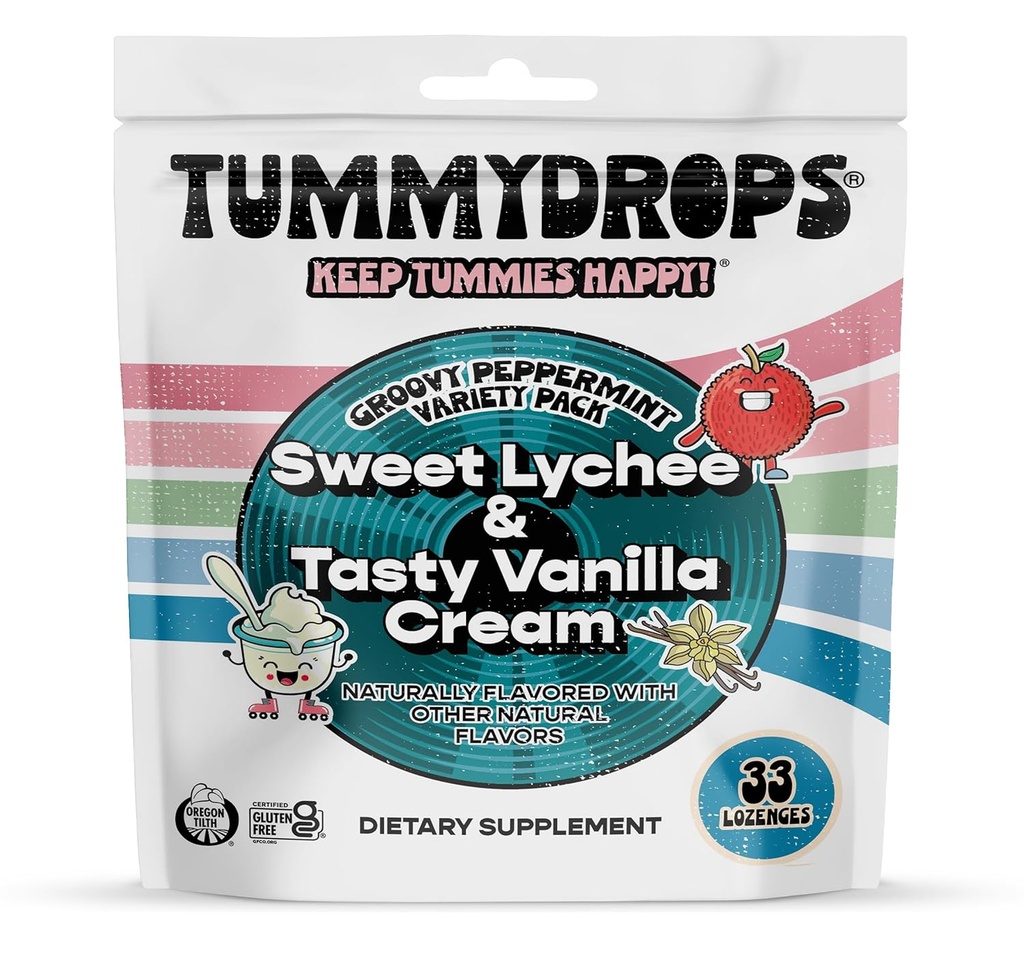 Tummydrops Groovy Peppermint Pack (Mix de Lychee & Tasty Vanilla Cream). Sans gluten, végétalien et fabriqué avec des ingrédients biologiques, 33 Lozanges à la menthe poivrée dans un sac refermable.