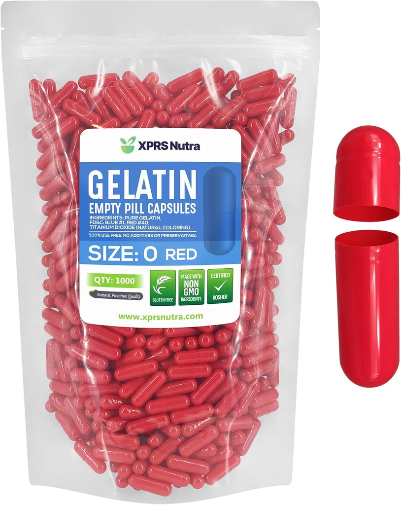 XPRS Nutra Taille 0 Capsules vides - 1000 Capsules de gélatine vides de compte - Pills Bricolage Capsule Remplissage - Gel de pilules pures pour les suppléments Do-It-Youlf (Rouge)
