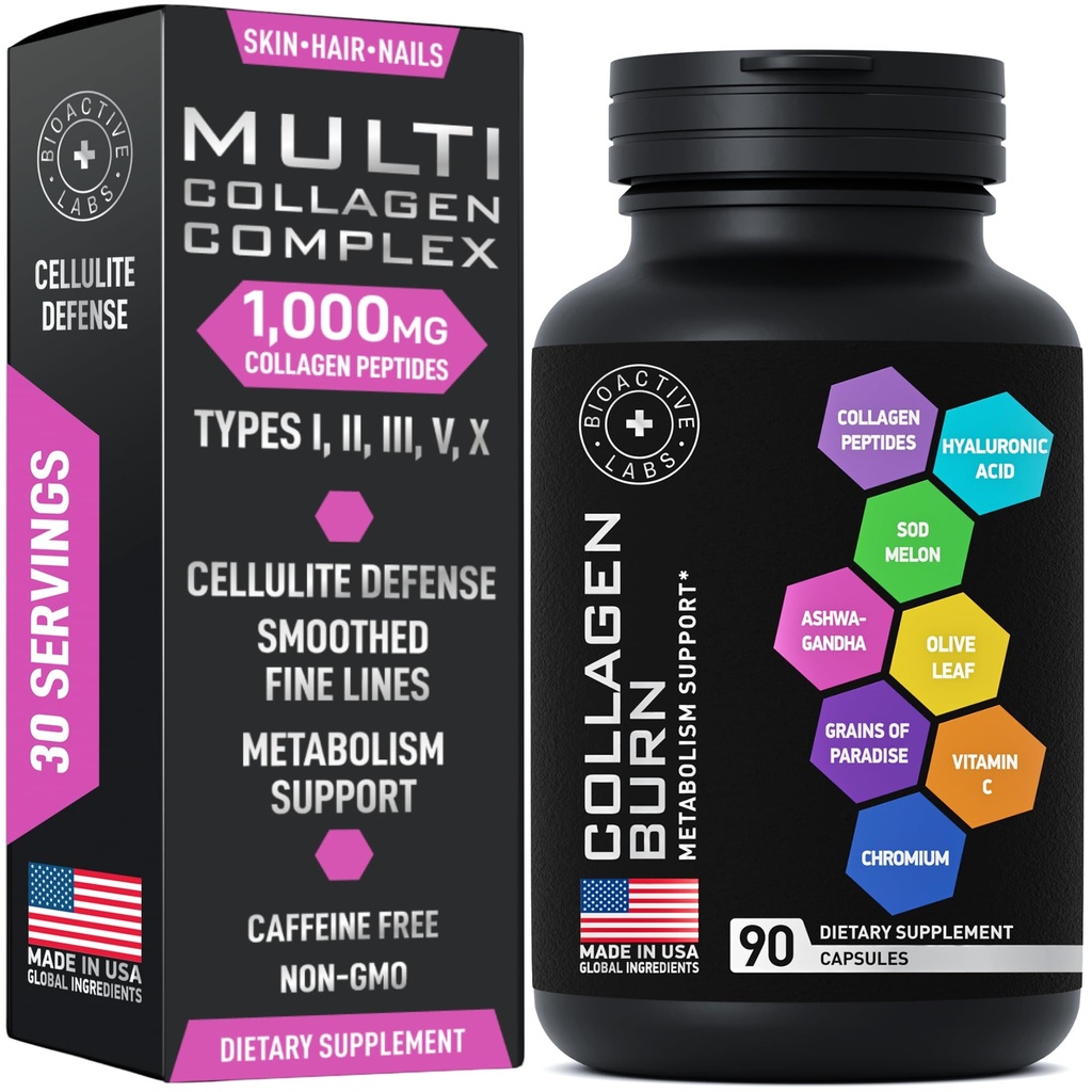 Thermogenic Multi Collageen Burn Capsules - Advanced Type I, II, III, V, X Gehydrolyseerde Collageen Peptiden Plus Hyaluronzuur - Metabolisme, Cellulitis, Huid, Haar, Nails Ondersteuning - 90 Collageenic Burn Caps