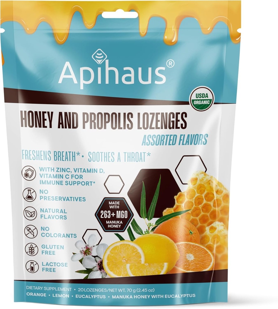 Honing en Propolis Lozen Assorted Smaken, Verfrissers adem - Verzacht een keel- Immuun Ondersteuning met vitamine C, vitamine D en zink, 20 Tellen
