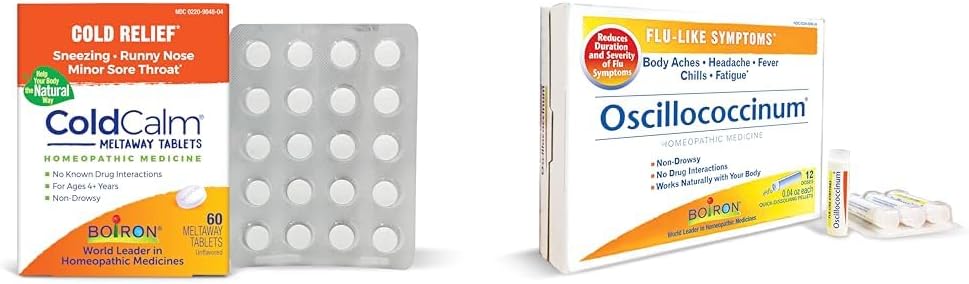 Boiron ColdCalm tabletten voor verlichting van algemene koude symptomen zoals niezen en Oscillococcinum voor verlichting van griepachtige symptomen van lichaamspijn, hoofdpijn, koorts, rillingen en vermoeidheid - 12 Tel.