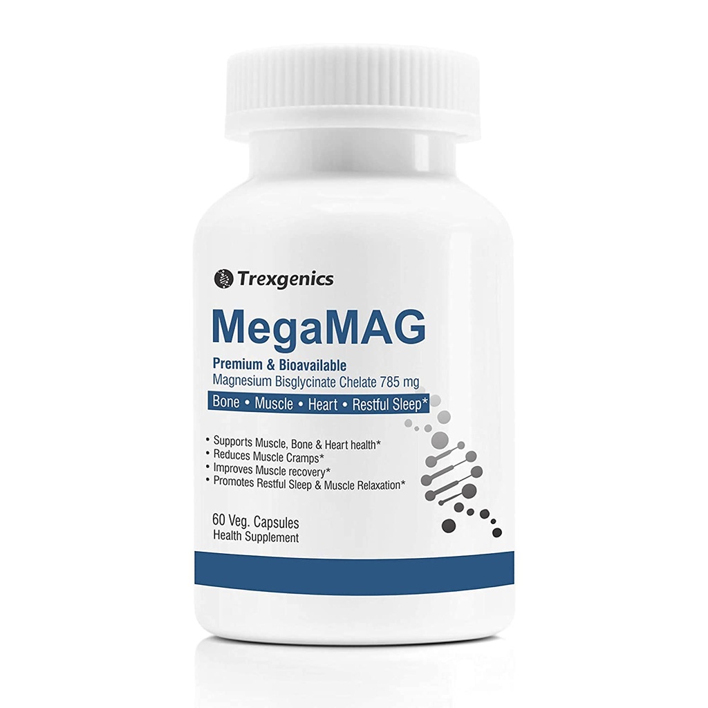 A.K. Trexgenics MegaMAG Magnesium Bisglycinate Elemental Magnesium 220 mg/2 Caps with Glycine Benefits - Meest Bio available Magnesium for Sleep, Muscle, Bone & Heart Support (60 Veg. Capsules)