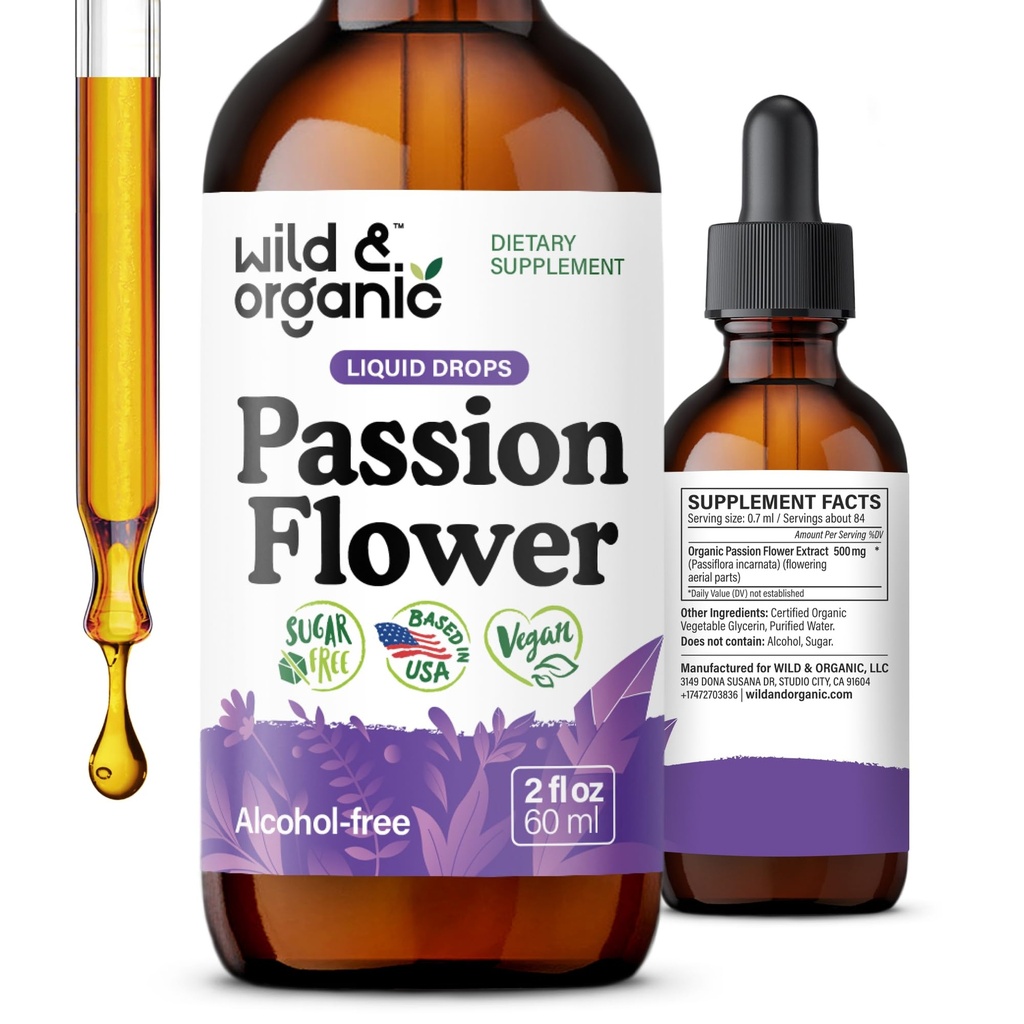 Wild & Organic Passionflower Tinctuur - Ontspannende Passie Bloem druppels voor vrouwen - Liquid Passiflora Incarnata Herb - Vegan, Suiker & Alcoholvrije Extract Supplement - 2 fl oz