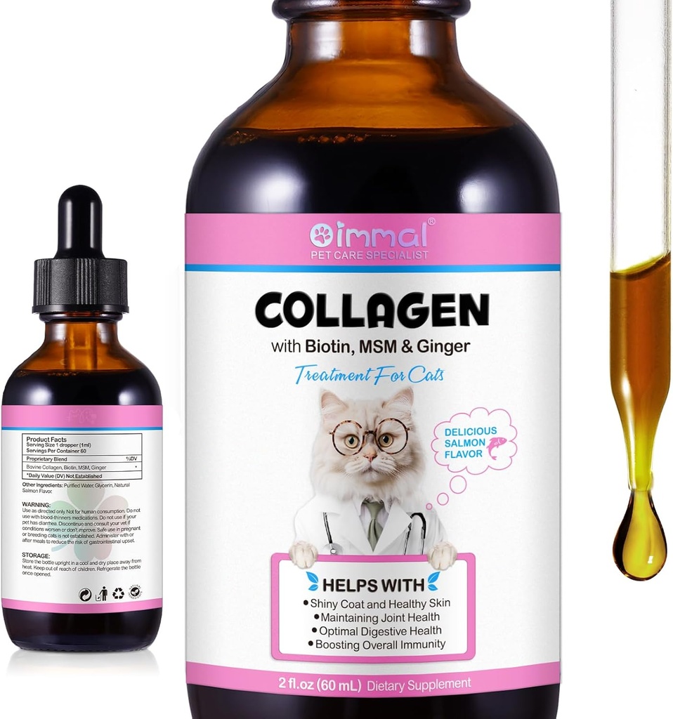 Liquid Collageen voor katten huid en jas Supplement voor katten Collageen voor katten Ondersteuning Itch Relief, Joint Health Cat Collageen Drop met Allergieën, Bovine Collageen, Vitamine C, Biotin, MSM 2 fl.oz