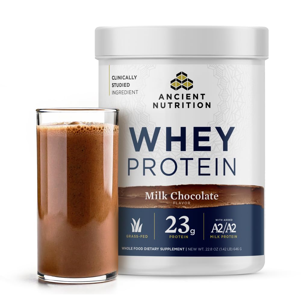 Ancient Nutrition Grass Fed Whey Protein, Milk Chocolate, 23g Protein, 20 Servings, Hydrolyzed Collagen Peptides, Organic Regenerative A2/A2 Milk Protein