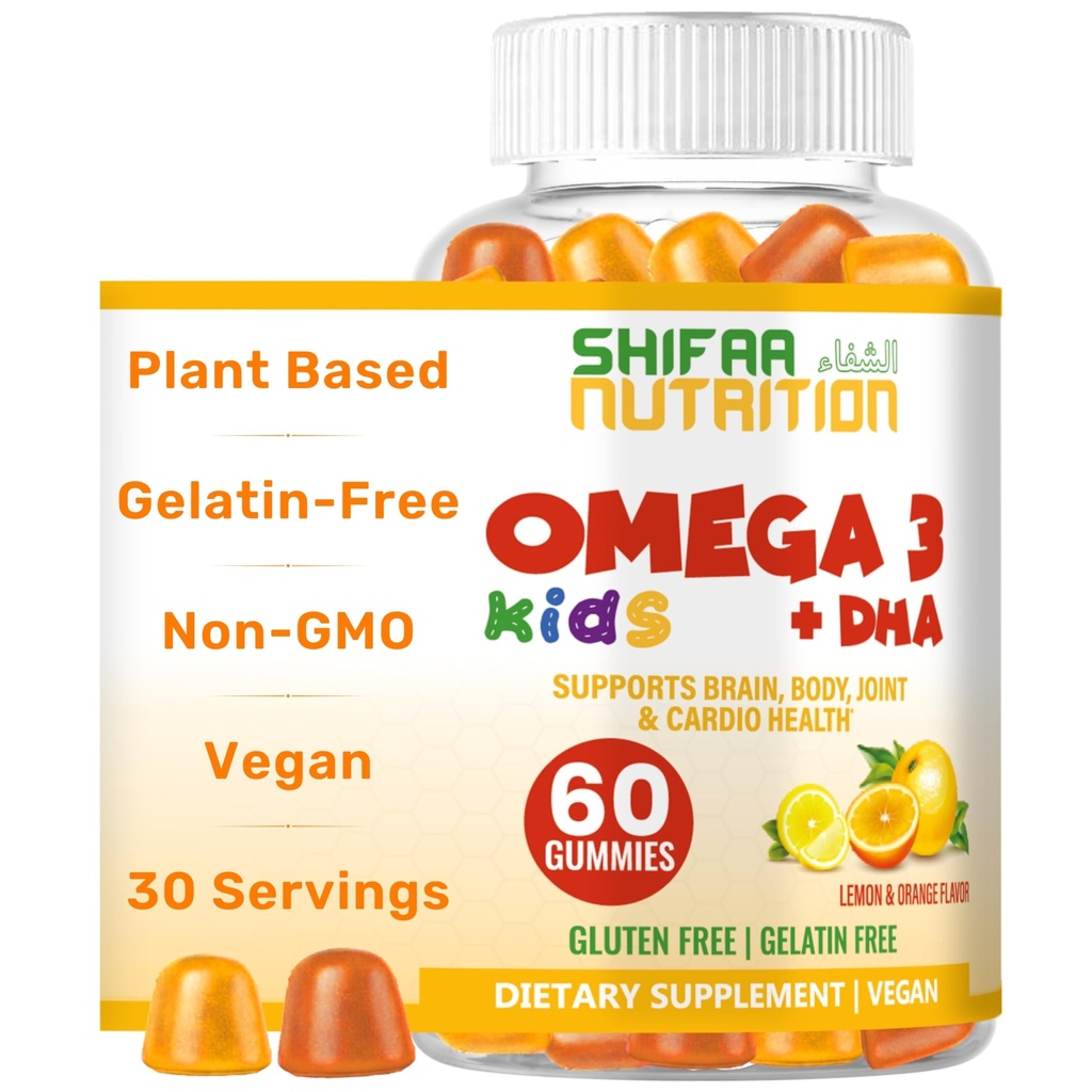 SHIFA NUTRITION Halal Omega 3 voor kinderen met DHA Gummies voor Hersenontwikkeling, Hart & Immuun Ondersteuning, Plant-Based, Niet-GMO, Algen-Based DHA, Gluten & Gelatine-vrije Kids Omega 3 Gummies, 30 Servers