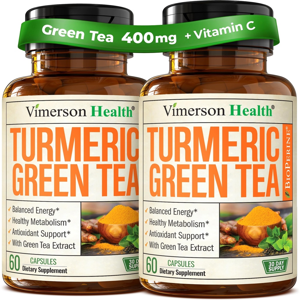 Kurkuma Curcumine supplement met groene theeextract (ECGC) en vitamine C voor de gezamenlijke gezondheid, energie en ontstekingsbalans - Organische Tumerische Curcumine met zwarte peper - Glutenvrije, niet-GMO. 2-pack