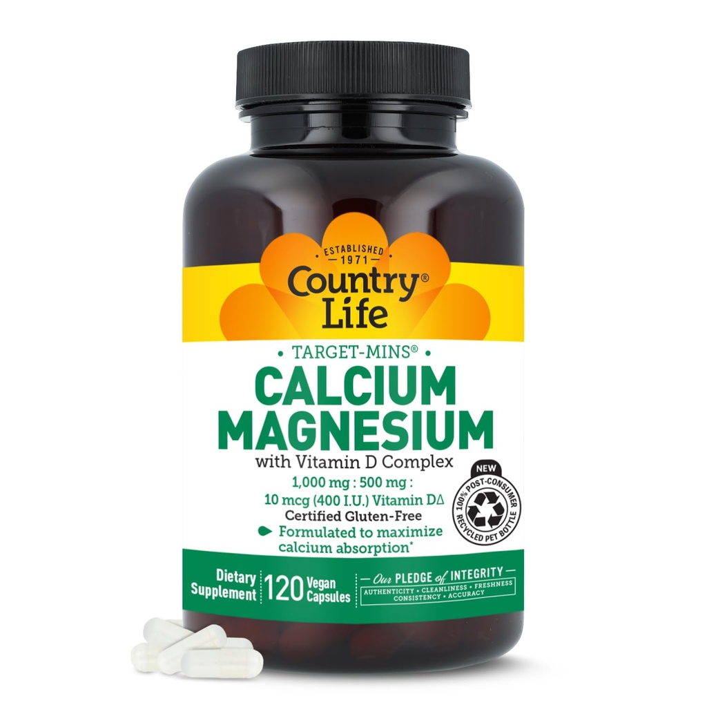 Land Life Target-Mins Calcium Magnesium met vitamine D-complex, 1000mg/500mg/10mcg, 120 Vegan Capsules, Gecertificeerd Glutenvrij, Gecertificeerd Veganistisch, Geverifieerd Niet-GMO Geverifieerd