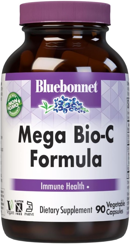 Bluebonnet Nutrition Mega Bio-C Formula Plantaardige Capsules, High Potency Buffered Vitamine C, voor Immune Health, Sojavrij, Glutenvrij, Non-GMO, Kosher, Dairy Free, Vegan, 90 Tellen