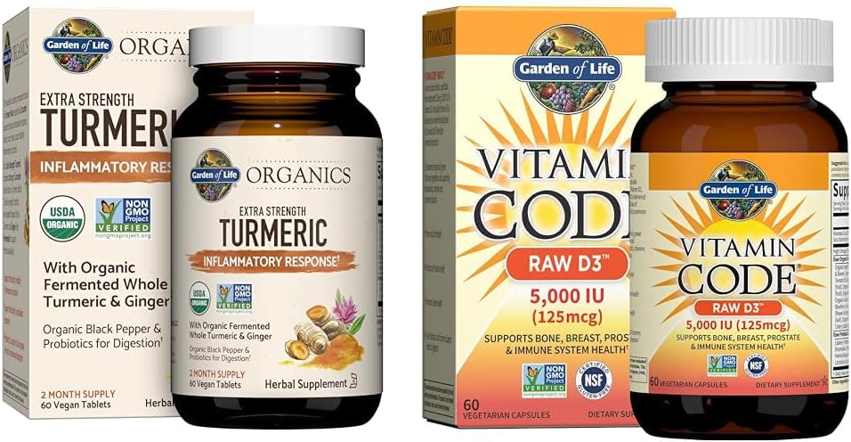 Garden of Life Réponse inflammatoire curcuma et vitamine D3 suppléments alimentaires entiers bruts, 60 comprimés et 60 capsules