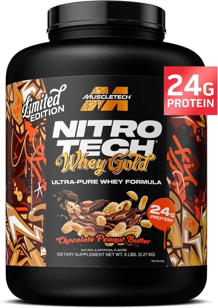 MuscleTech Whey Protein Powder (Chocolate Peanut Butter, 5LB) - Nitro-Tech Whey Protein Isolaat Smoothie Mix voor Lean Muscle & Fast Recovery - 24g Whey Gold Protein voor vrouwen en mannen - Glutenvrije