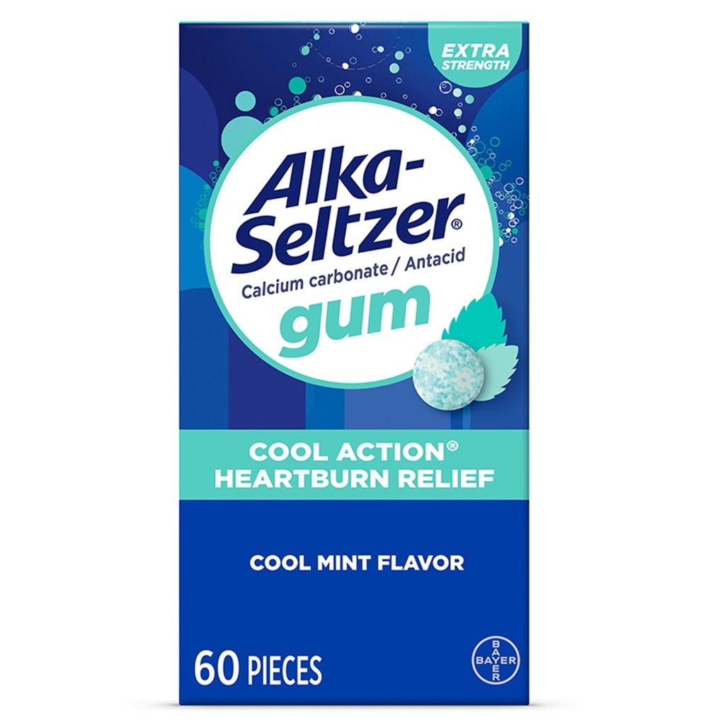 Alka-Seltzer Cool Action Heartburn Relief Gum, Extra Sterkte Antacidum Gum, zuur Indigestie en verstoorde maag Relief, Geen Chalky Smaak, Cool Mint Smaak, 60 Tellen