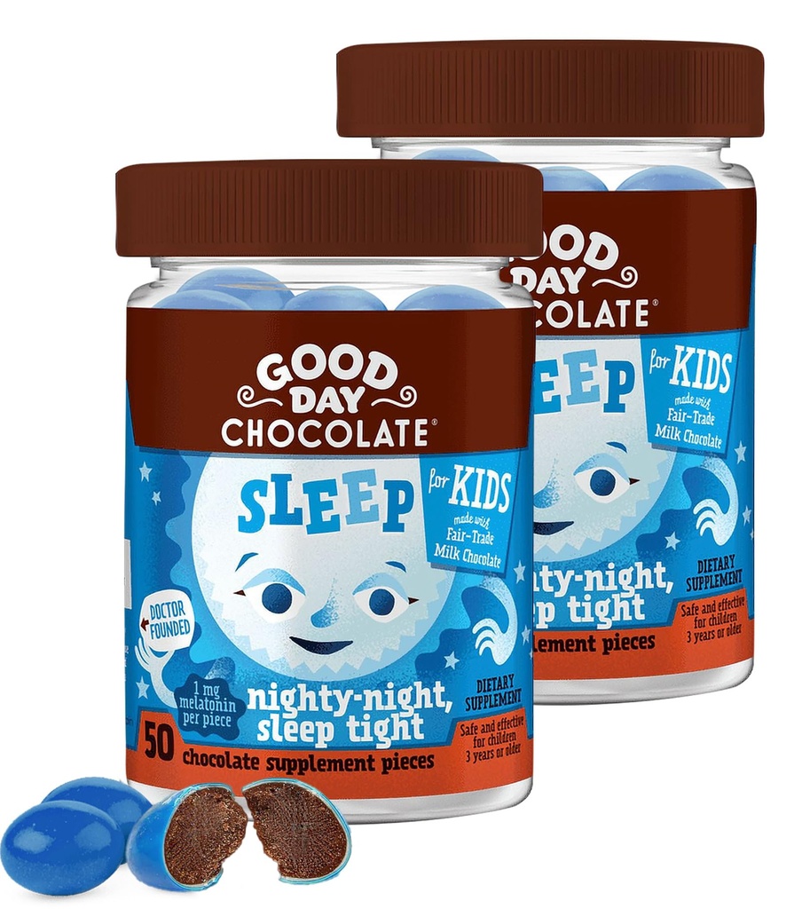 Good Day Chocolate Melatonine voor kinderen [2 Pack] - Fair Trade Non-GMO Chocolate met kamille en Melatonine 1 mg - Peuter Melatonine, Kinderen Natuurlijke Slaaphulp voor leeftijden 3 en omhoog