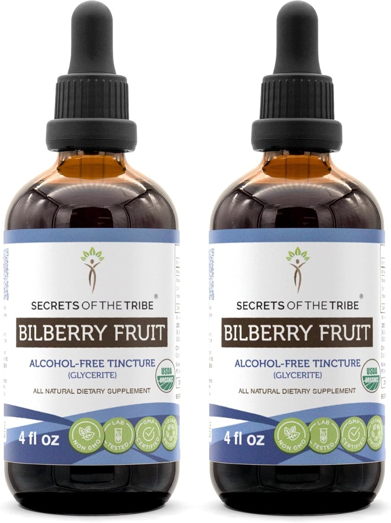 Geheimen van de Stam Bilberry Fruit Alcoholvrij Liquid Extract, USDA Biologische Blauwe bosbes (Vaccinium Myrtillus) Gedroogde Fruit Tinctuur Supplement (2x4 FL OZ)