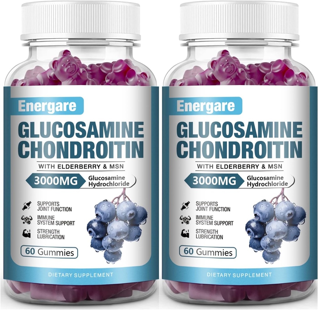 2 Pack 3000mg Glucosamine Chondroitin met MSM Gummies & Vlierbes, Extra sterkte gezamenlijke ondersteuning Gezondheid, Flexibiliteit, Antioxidant, Immuunsupplement Gummy voor volwassenen, mannen & vrouwen 120 Tellingen