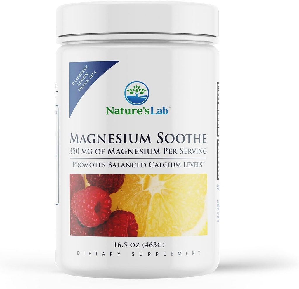 Nature's Lab Magnésium Soothe Powder 350mg - favorise l'équilibre des niveaux de calcium, la fonction musculaire et nerveuse, la production d'énergie et la santé cardiovasculaire globale - 16,9 oz (100 portions)