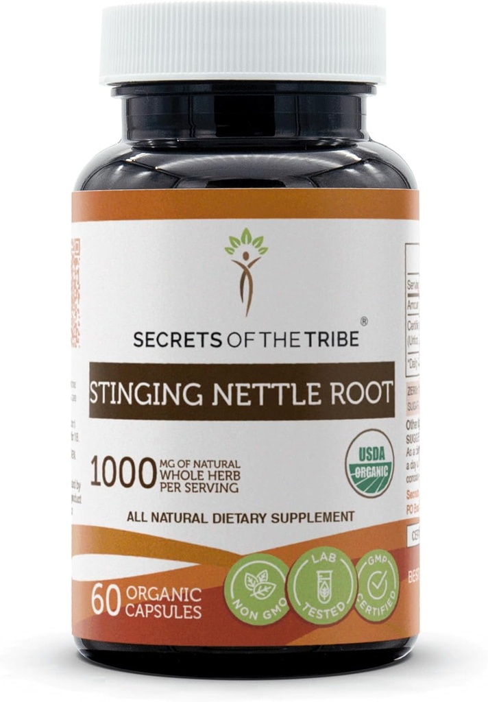 Secrets de la Tribe Sting Nettle Root 60 Capsules, faites avec des capsules végétales et USDA Organic Stinging Nettle Urtica Dioica Système respiratoire et urinaire Santé (60 Capsules)