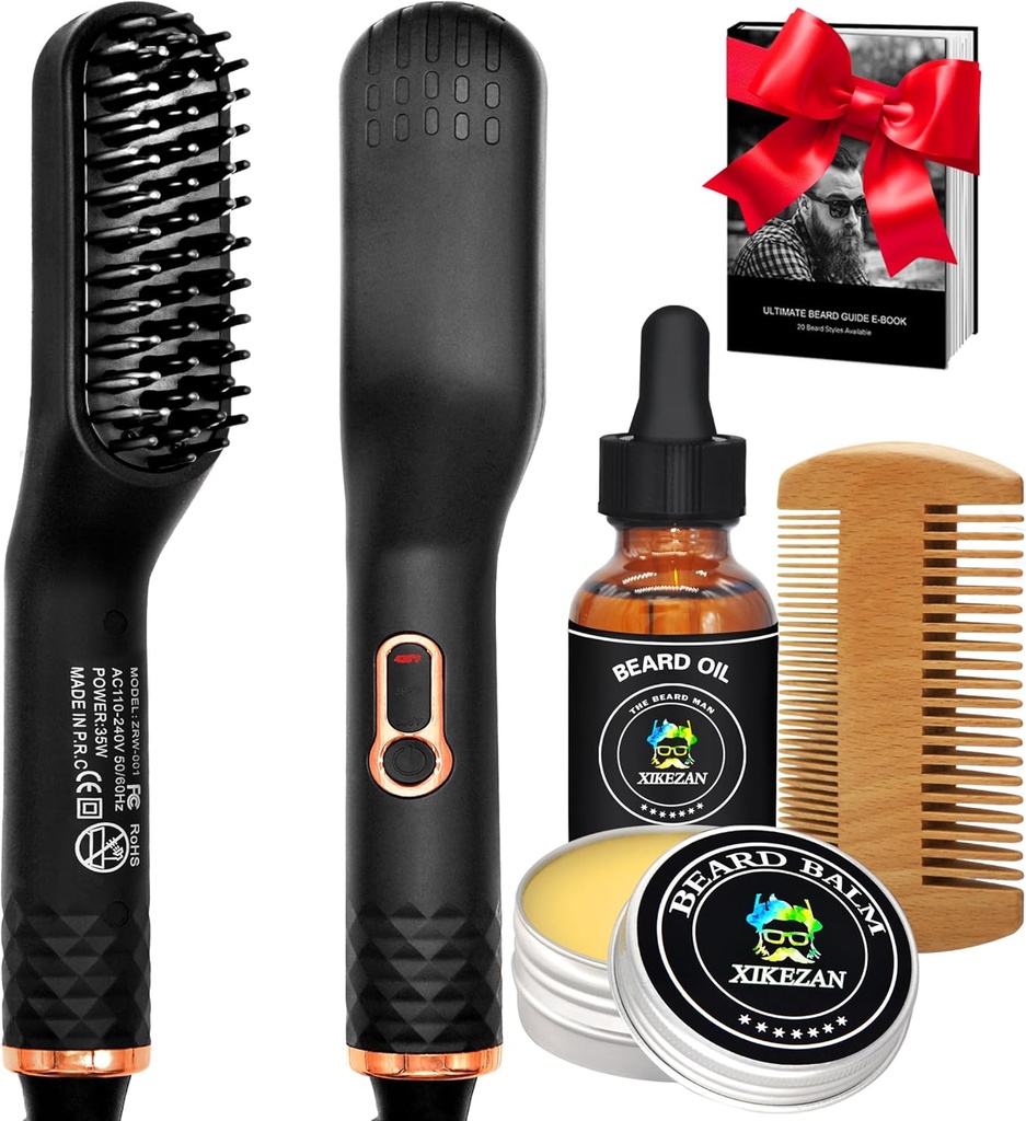Baard Straightener w/Baardolie & Balm & Guide E-Book, Bijgewaardeerd 3 in 1 Hair Straightener Borstel Baard Straightening Comb, Unieke Stocking Stuffers Gifts voor mannen Him Dad Echtgenoot Verjaardag Kerstcadeaus