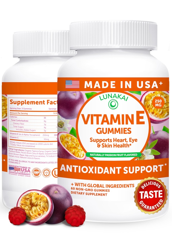 Lunakai USA Made Vitamin E Gummies 400IU met vitamine C - Heerlijk, Veganistisch, Non-GMO-supplement voor dagelijkse huid- en oogondersteuning, 60ct