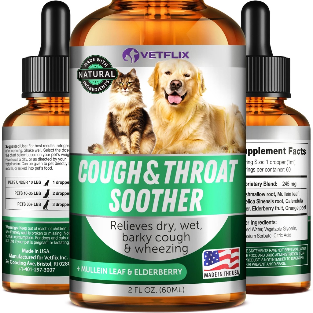 Kennel Cough Treatment for Dogs & Cats - Made in USA - Dog Allergie & Cat Astma Relief - Mullen Leaf & Vlierberry Blend - Dry, wet & Barky Cough Relief for Dogs & Cats - All Rases & Sizes - 2 Fl Oz